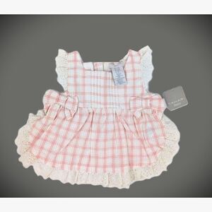 Tahati Baby Dress and Hat Set Girl 3-6 Months Pink Plaid Eyelet Ruffled Cottage